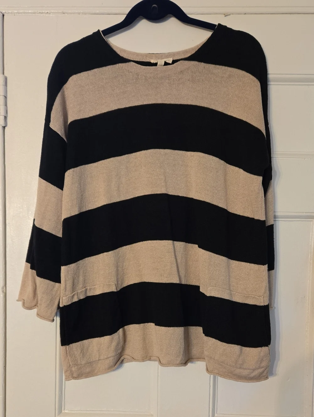 Eileen Fisher Black and Tan Striped Crewneck Linen Sweater, Size L